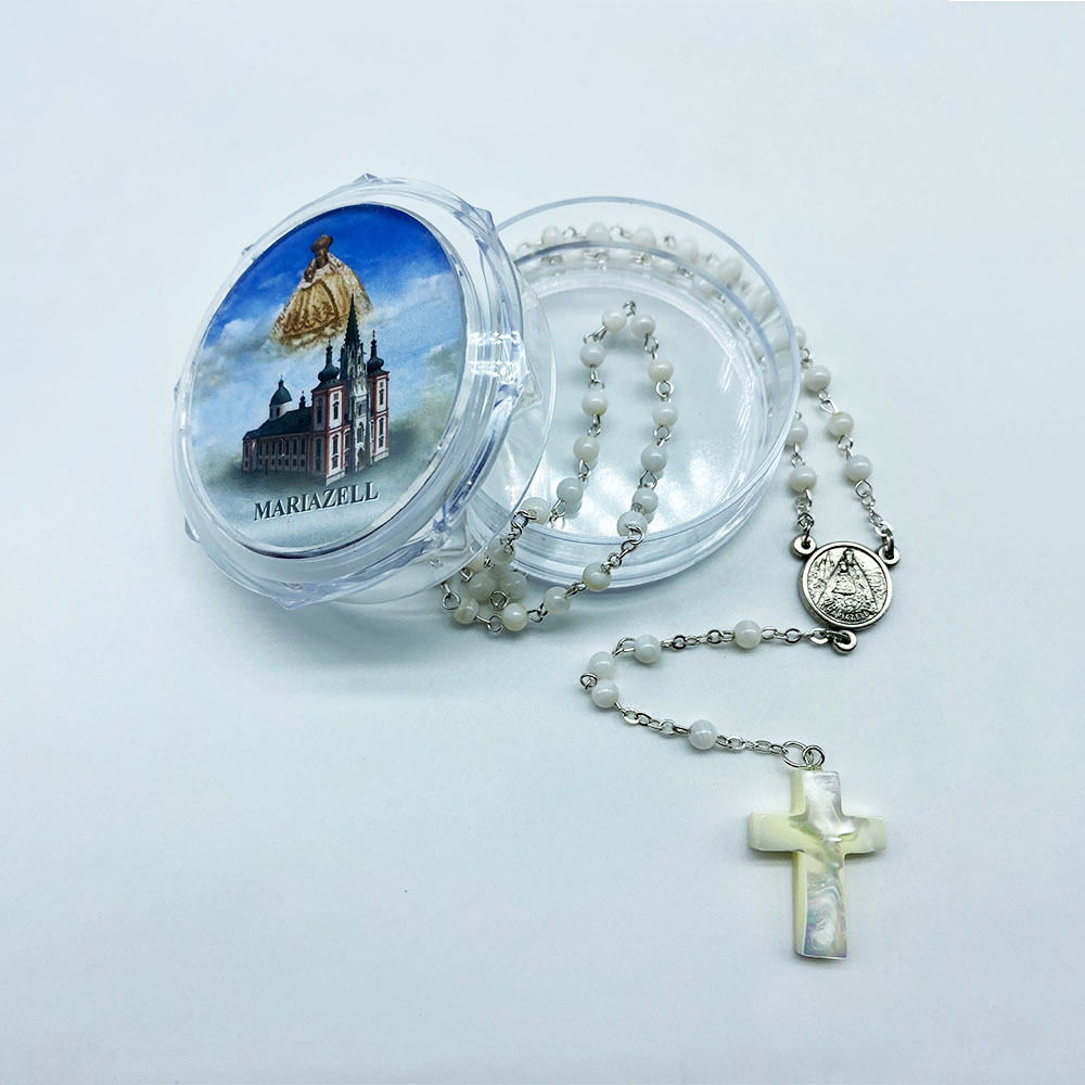 Rosenkranz – Perlmutt, rund, Perlmutt Kreuz – Mariazeller Madonna